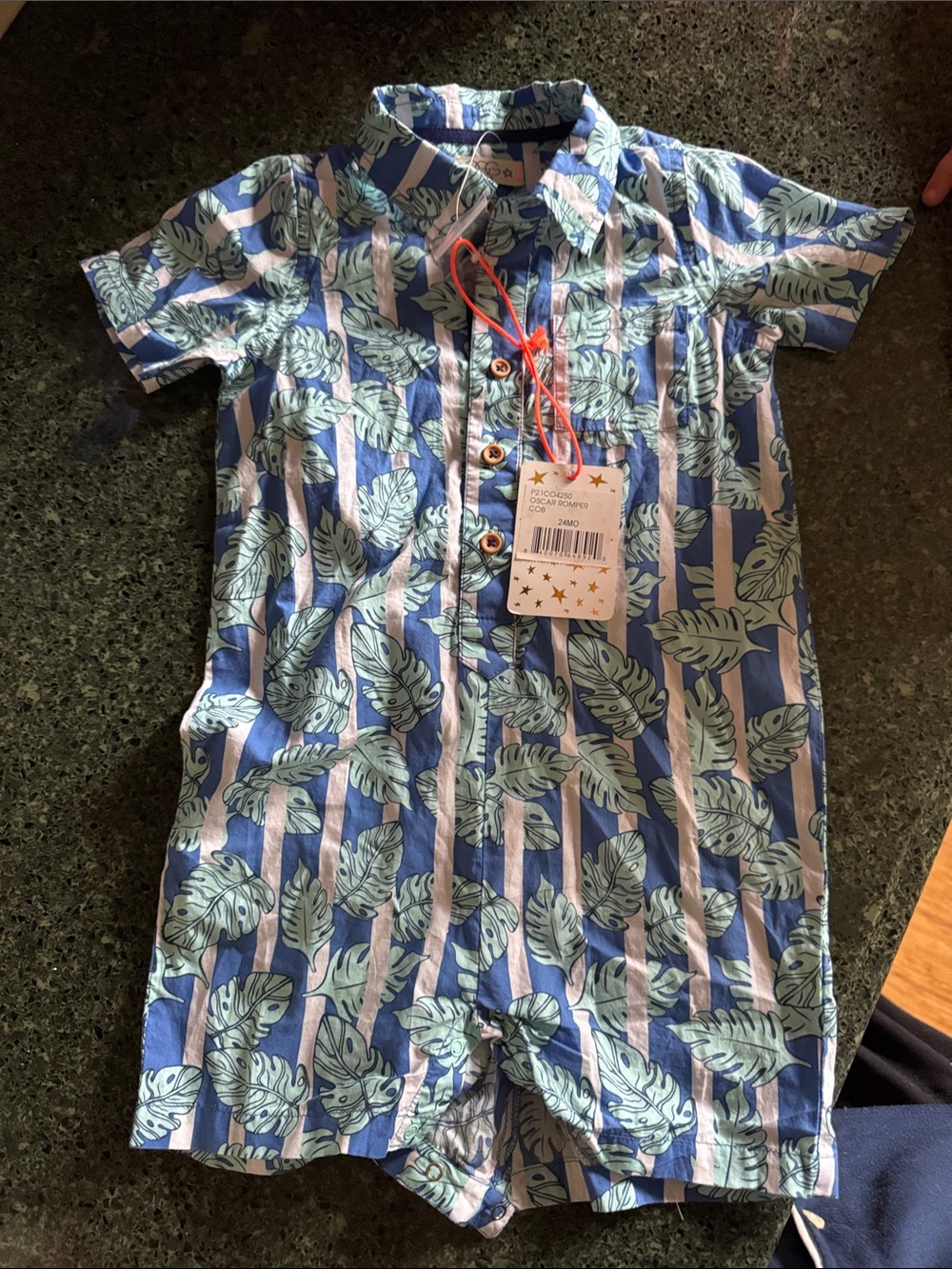 Toddler Leaf-Print Blue Button-Front One-Piece Romper